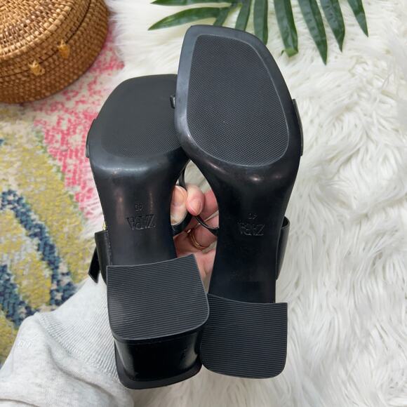 NEW Zara Black Heeled Sandal 9 Square Toe Faux Leather Strappy Buckle - Picture 3 of 7